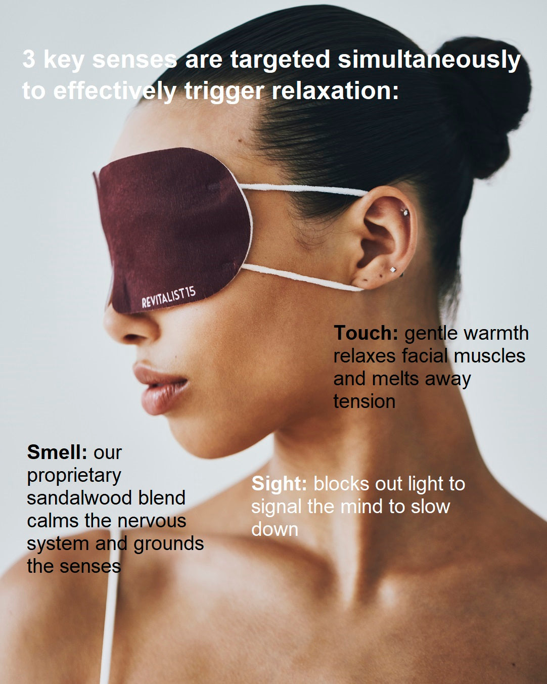 Infographic showing how the Revitalist15 self-heating eye mask engages touch, sight, and smell to promote relaxation.