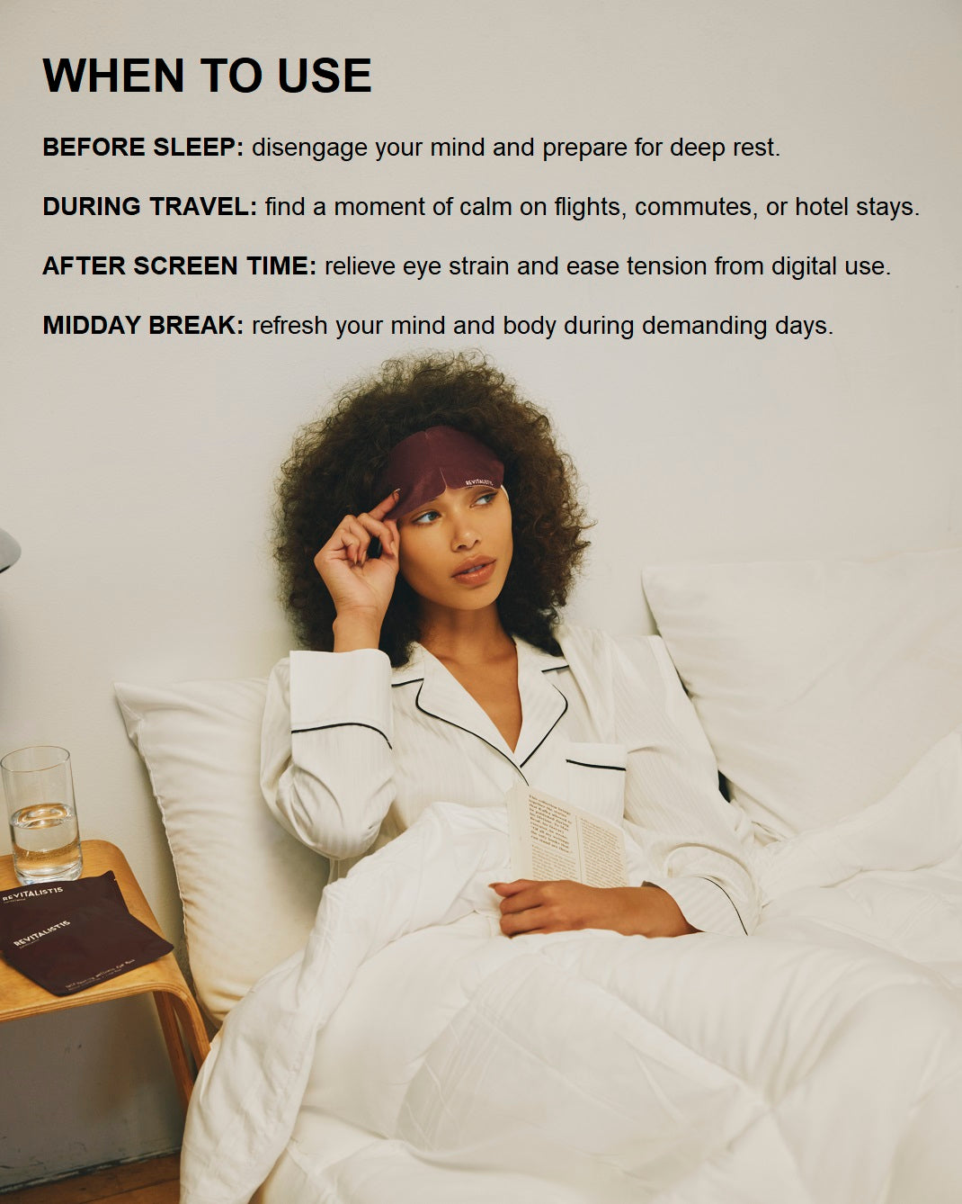 Graphic explaining when to use the Revitalist15 self-heating eye mask, including before sleep, during travel, after screen time, and midday breaks.
