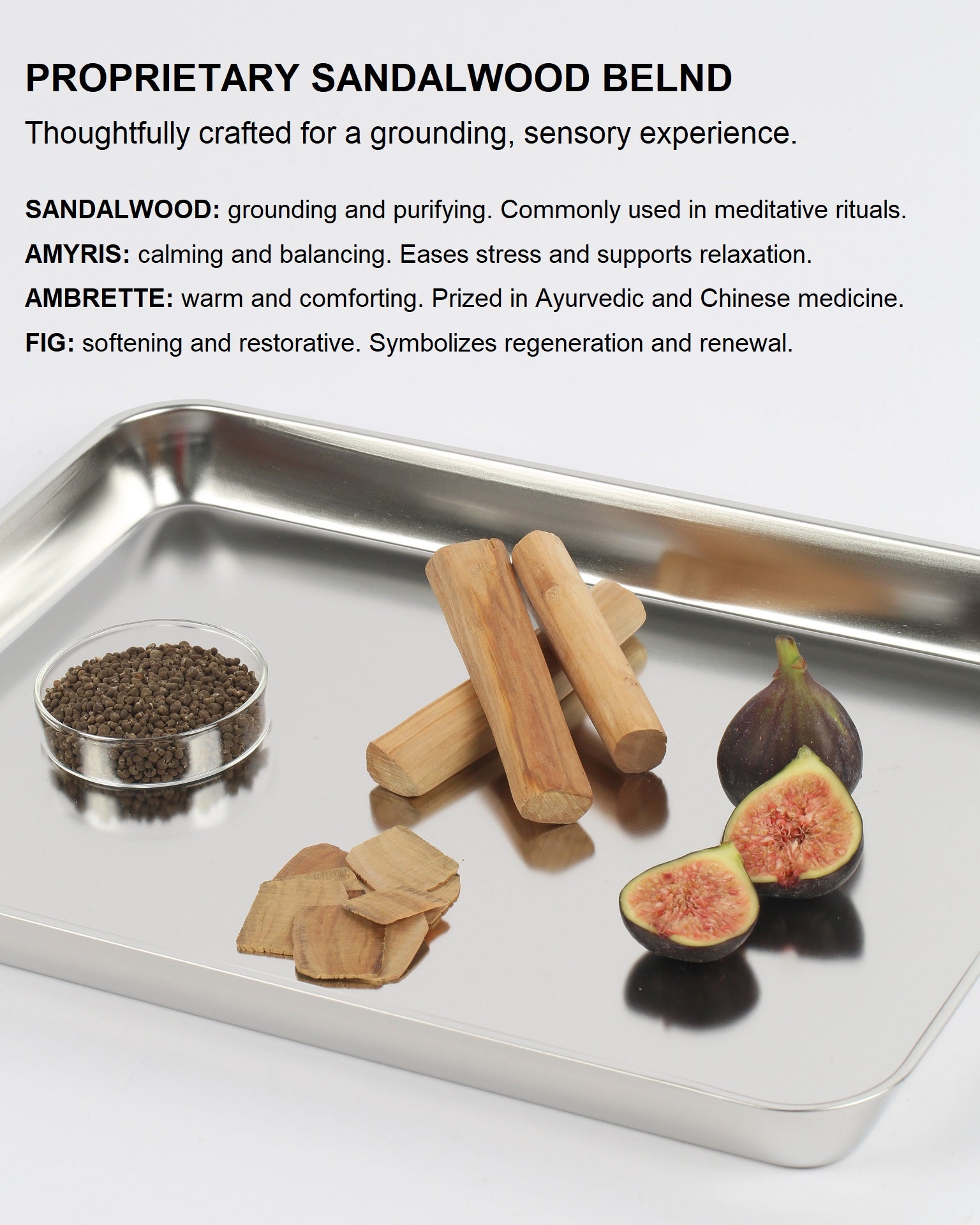 Infographic detailing the Revitalist15 proprietary sandalwood blend with amyris, ambrette, and fig, crafted for grounding and relaxation.
