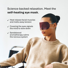 Revitalist15 self-heating eye mask highlighting science-backed benefits including heat therapy and sandalwood aromatherapy